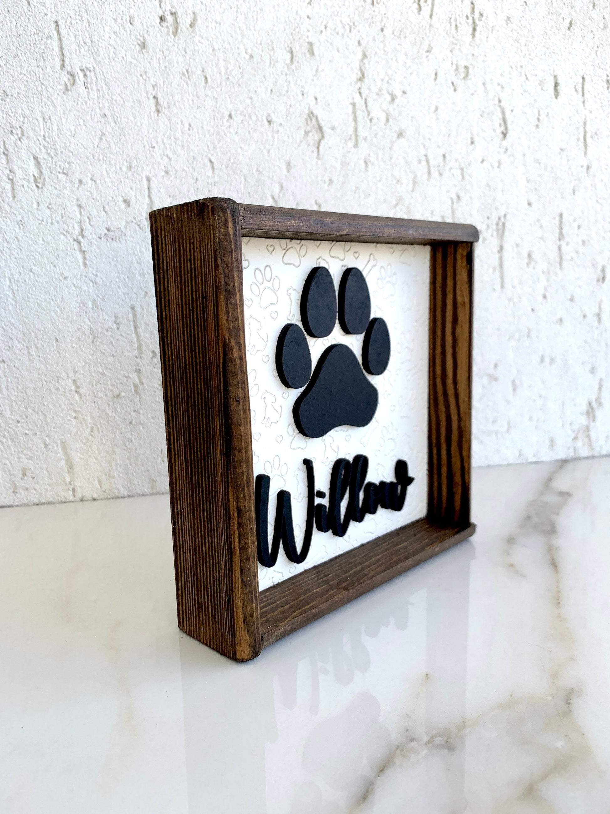 Custom Paw Dog Name Sign Personalized Wood Engraved Framed Cat Sign 3D Laser cut Pet Sign Freestanding Sign for Cats and Dogs Home Decor