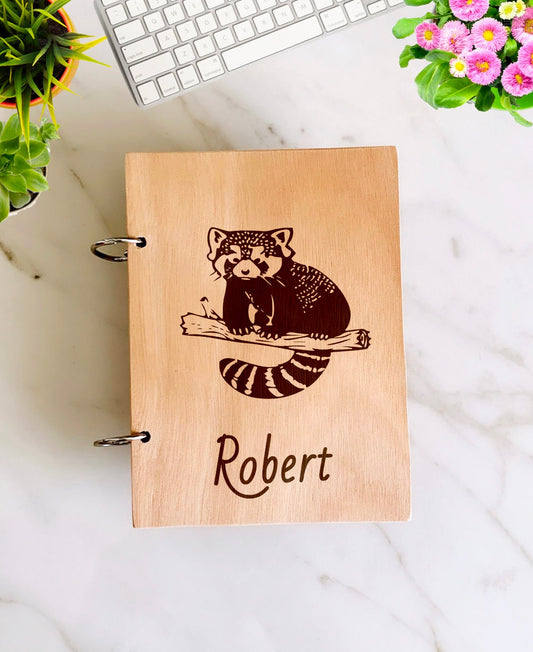 Panda Bear Wooden Notebook Personalized, Custom Red Panda Gift Engraved Notebook, Wooden Name Notepad, Personalized Journal Kids Sketchbook