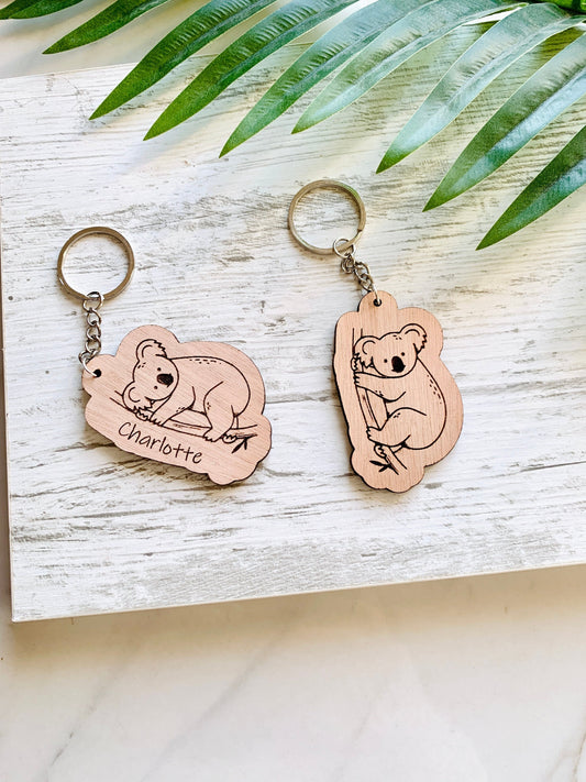 Koala Bear Keychain Personalized Gift, Wooden Koala Name Keyring, Koala Gifts Engraved Koala Keyholder, Koala Backpack Charm, Koala Tags