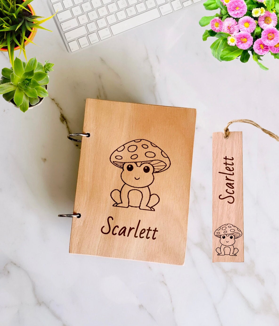 Frog Mushroom Wooden Notebook Personalized, Custom Frog Gift Engraved Notebook, Wooden Name Notepad, Personalized Journal Kids Sketchbook