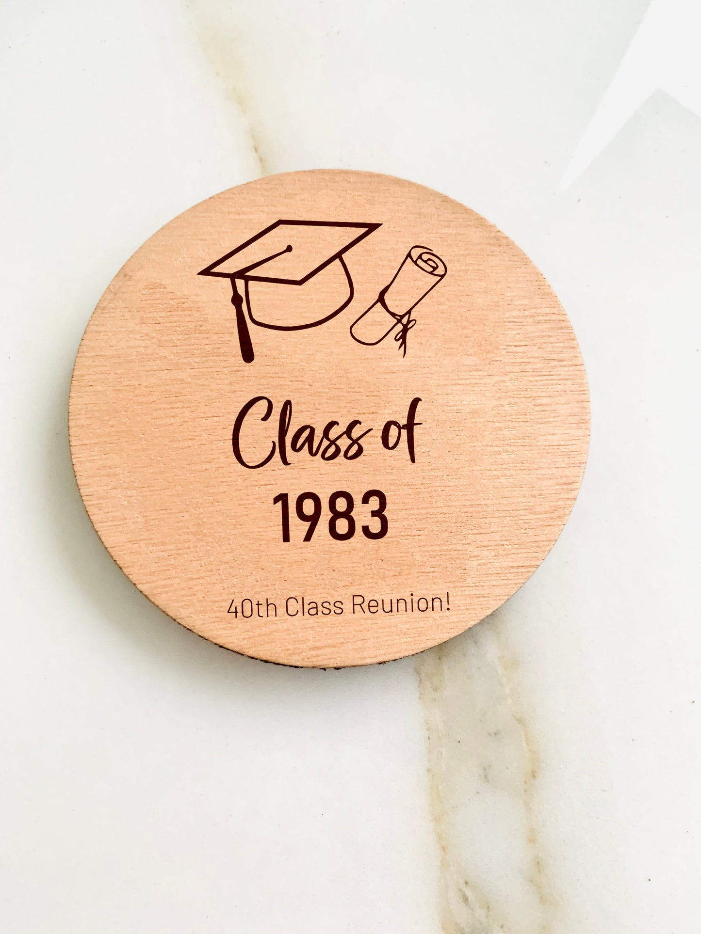 Custom Class Reunion Favors: Engraved Wood Tags, Coasters & Keychains
