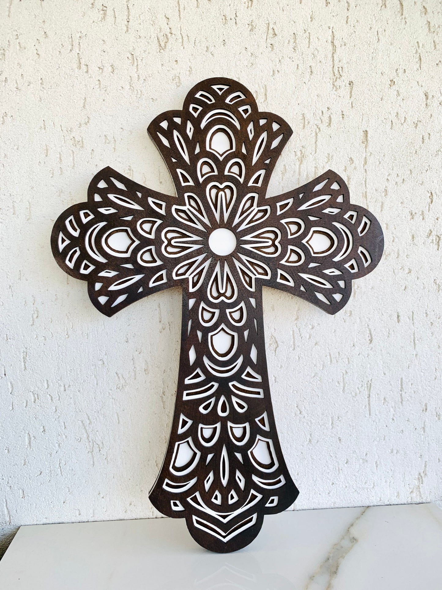 Large Wood Wall Cross 3D Layered Mandala Cross Religious Spiritual Cross Crucifix Rustic Wood Cross Christian Cross Home Decor Easter Gift