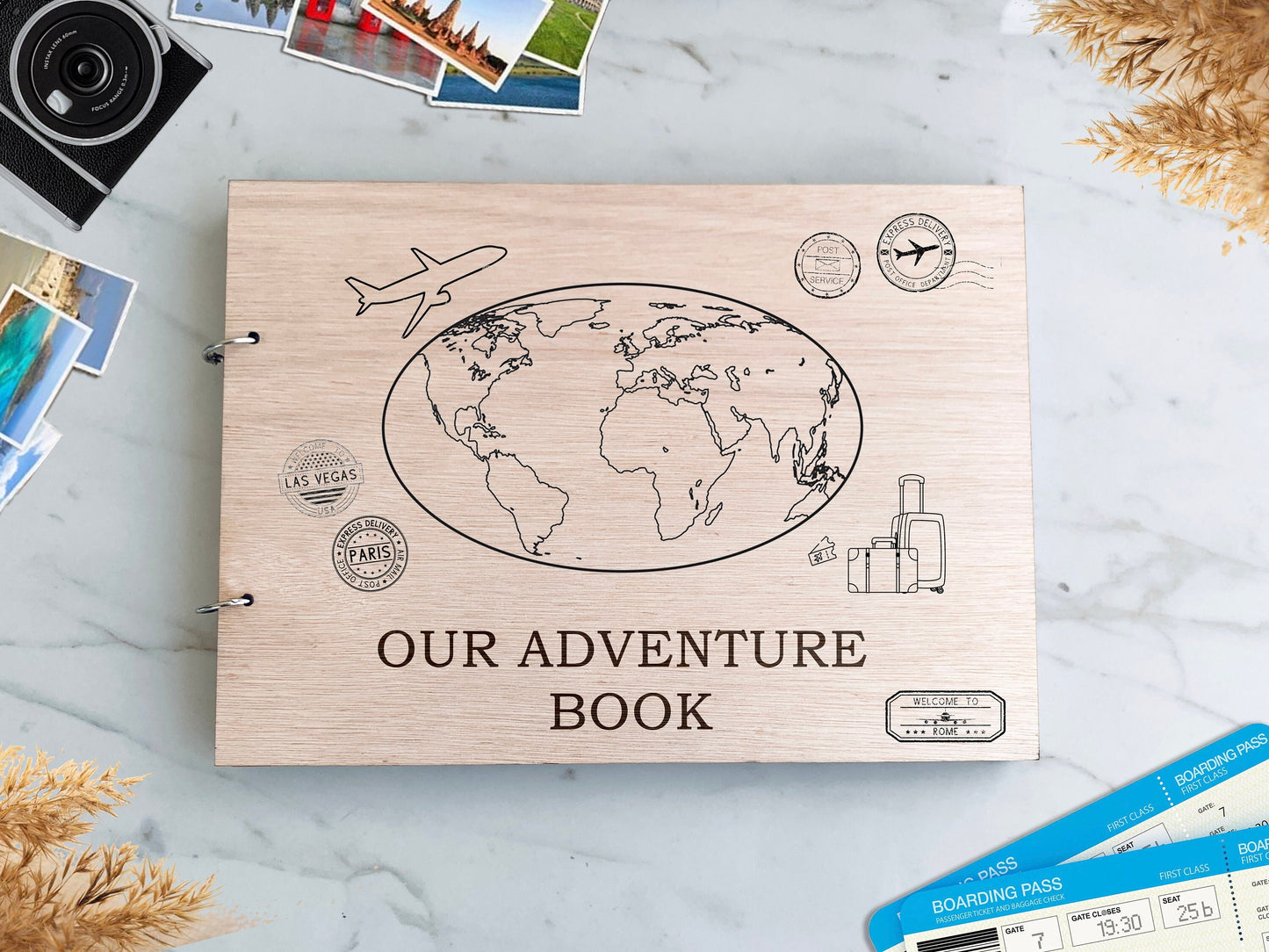 Our Adventure Book Photo Album Engraved Wood Cover, Photo Adventure Book, Polaroid Instax Memories Book, Couples Adventure Scrap Book