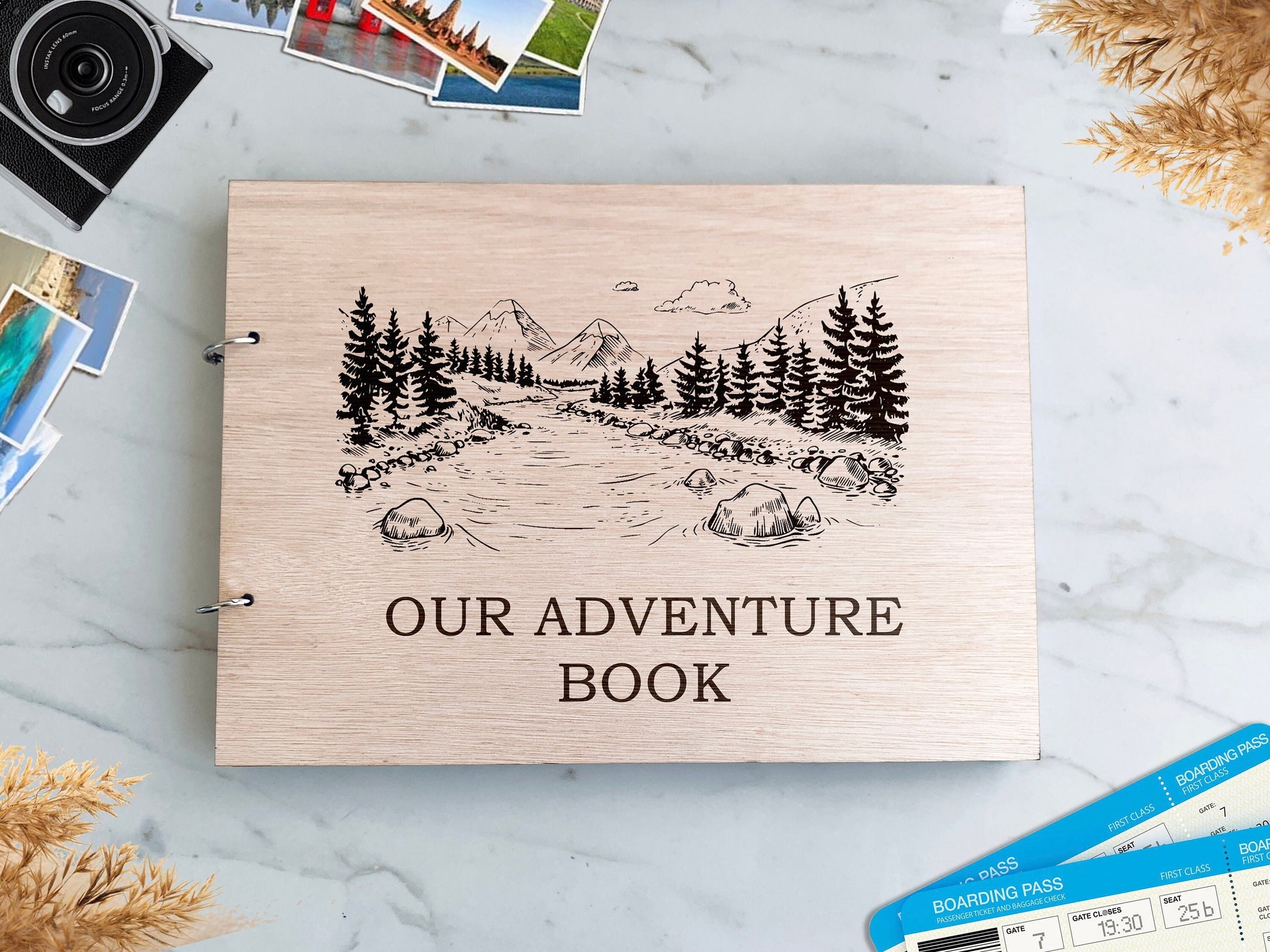 Our Adventure Book Photo Album Engraved Wood Cover, Photo Adventure Book, Polaroid Instax Memories Book, Couples Adventure Scrap Book