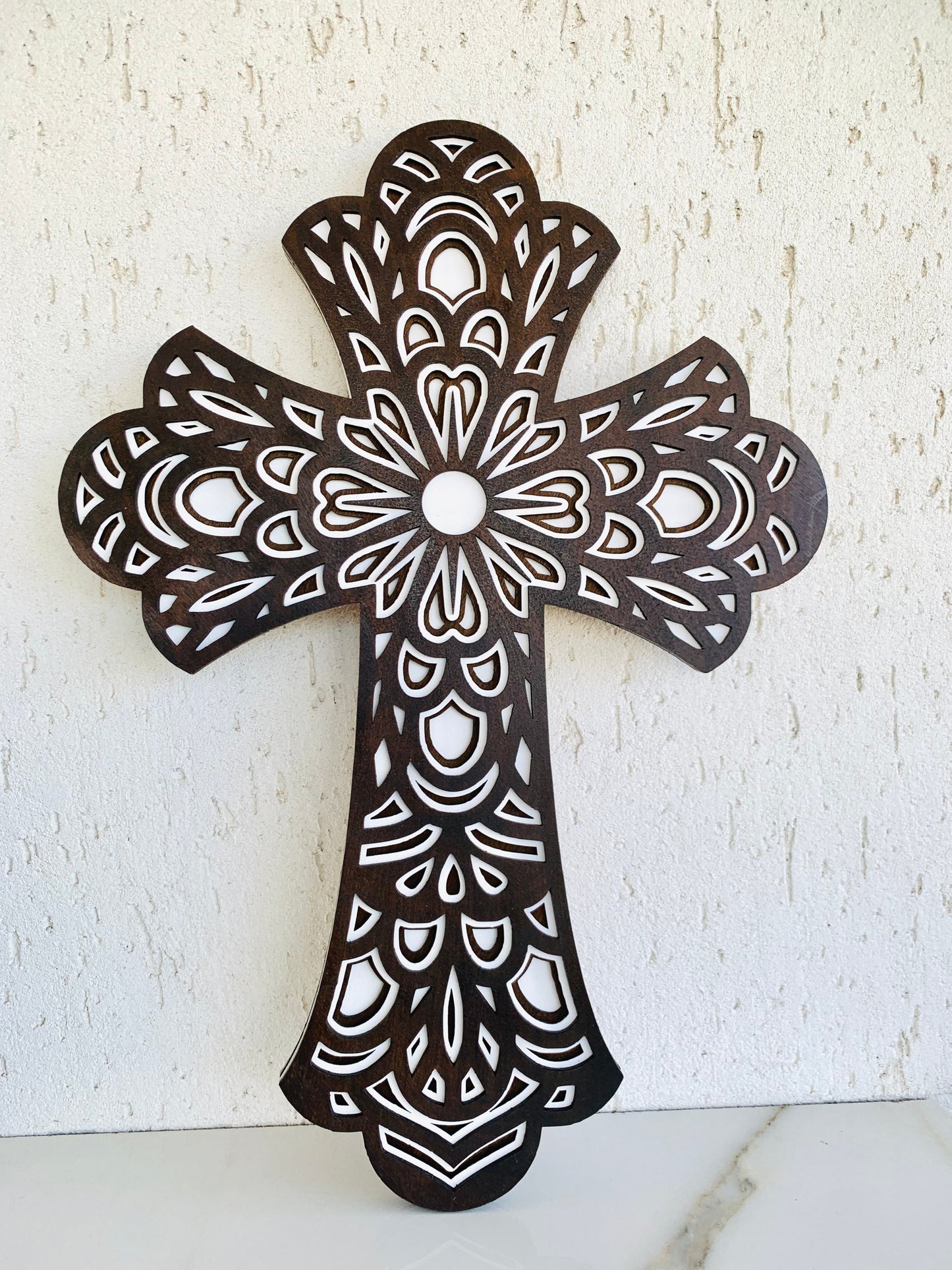 Large Wood Wall Cross 3D Layered Mandala Cross Religious Spiritual Cross Crucifix Rustic Wood Cross Christian Cross Home Decor Easter Gift