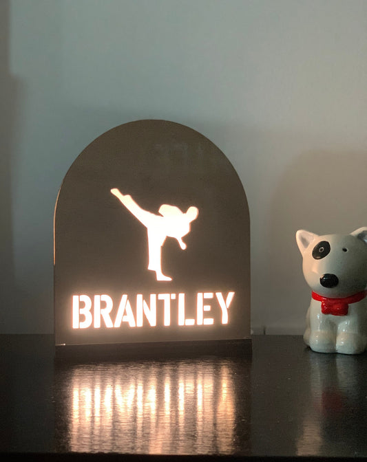 LED Martial Arts Lampshade, Personalized Karate Gift for Kids Room Decor, Bedside Nightlight, Taekwondo Wood Cut Lamp, Jiu Jitsu Led Light