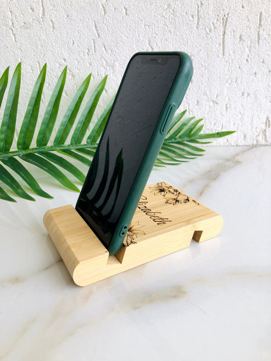 Personalized Phone Stand, iPhone Holder for Desk, Engraved Desk Organizer, Office gift for Him & Her, Bamboo Wood Mobile Phone Stand Holder