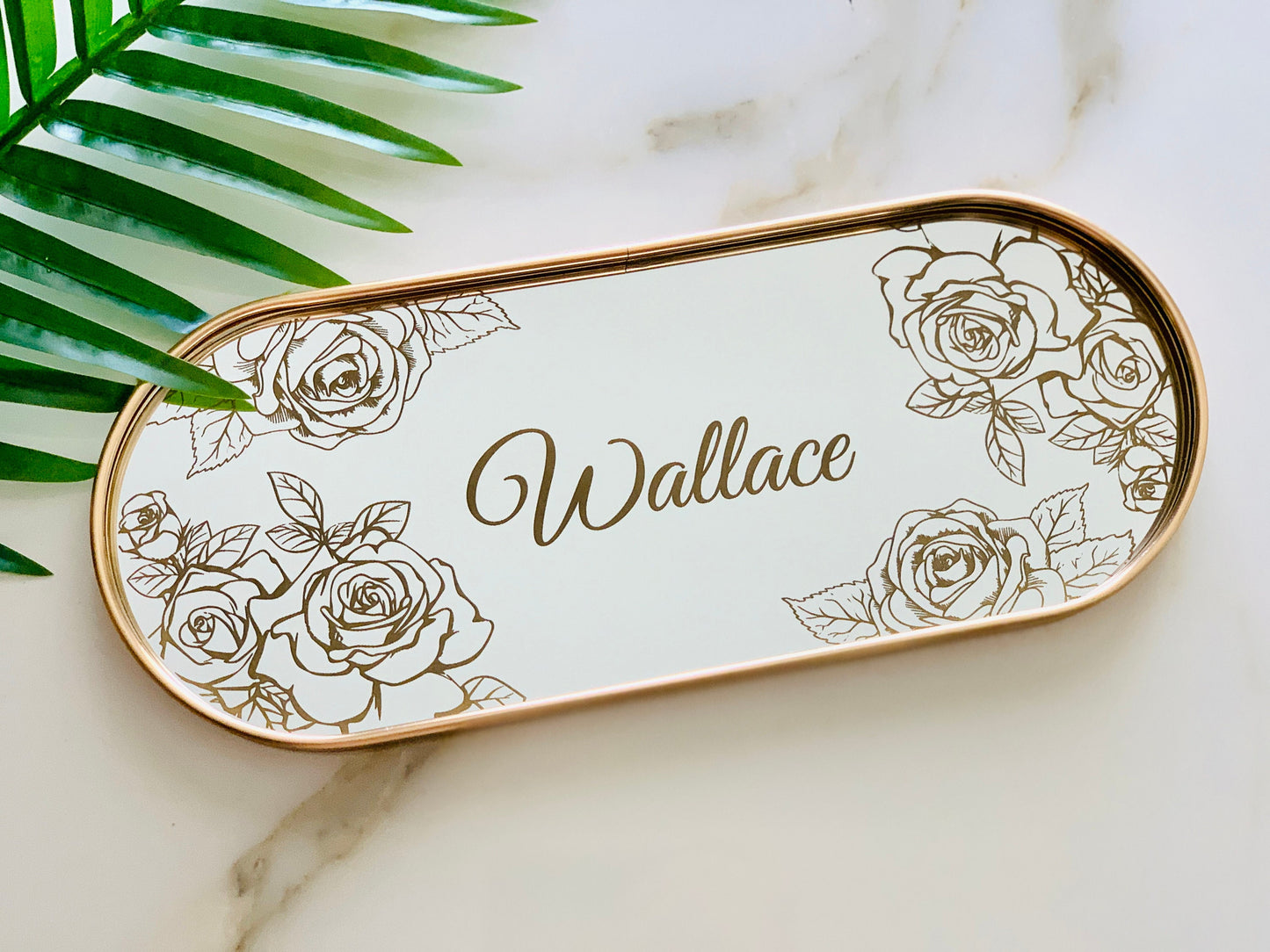 Personalized Jewelry Tray Engraved Oval Mirror Vanity Tray Magnolias Design - Golden Frame - Luxurious Organizer for Candles and Cosmetics