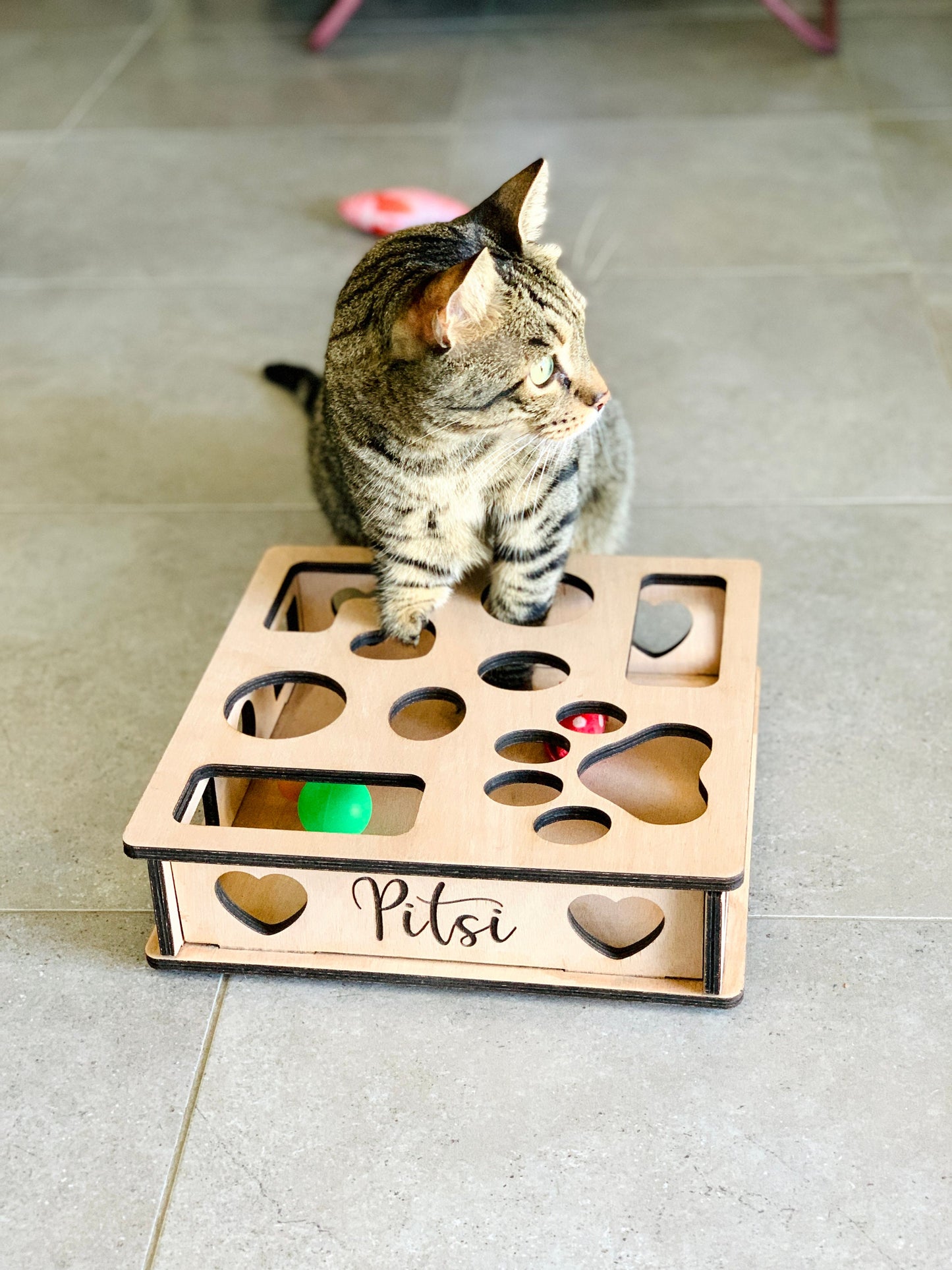 Personalized Cat Wooden Ball Chaser Toy, Interactive Kitty Maze Box, Kitten Square Ball Hunt, Pet Ball Labyrinth Custom Engraved Feline Gift