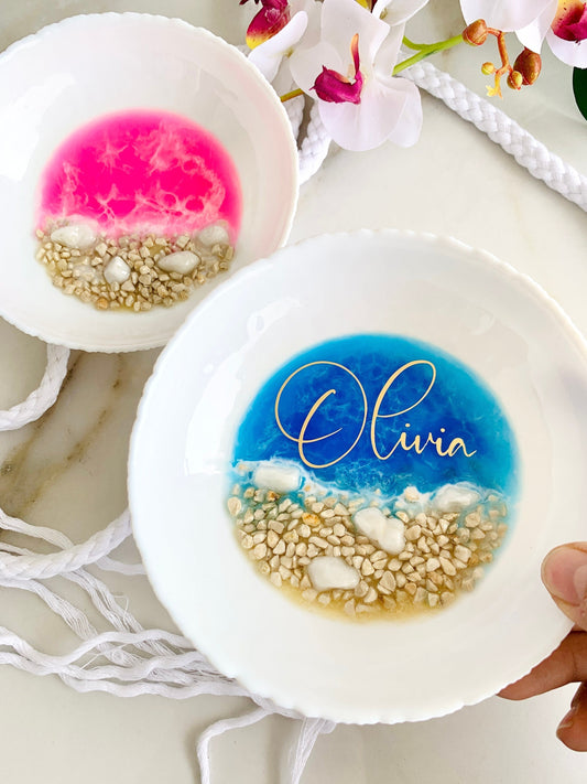 Resin Ocean Jewelry Dish Ceramic Personalized Ocean Trinket Bowl, Ocean Resin Ring Dish, Sandy Beach Sea Waves, Coins & keys Tray