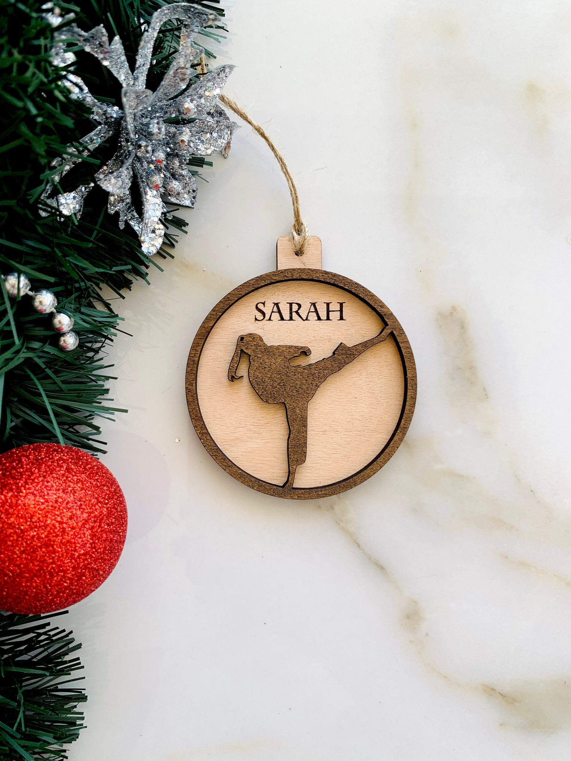 Martial Arts Christmas Ornament Personalized karate Ornament, JiuJitsu Custom Wood Bauble, Xmas Taekwondo Gift, Handmade Hanging Tree Decor