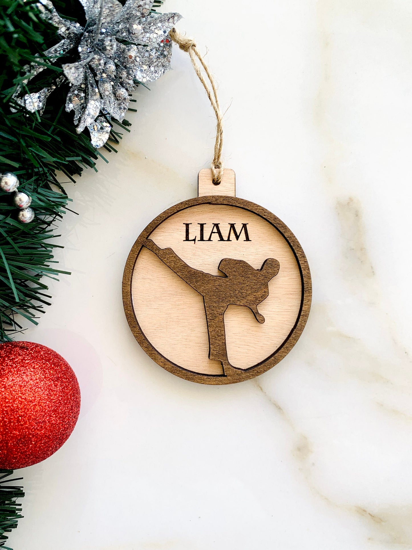 Martial Arts Christmas Ornament Personalized karate Ornament, JiuJitsu Custom Wood Bauble, Xmas Taekwondo Gift, Handmade Hanging Tree Decor