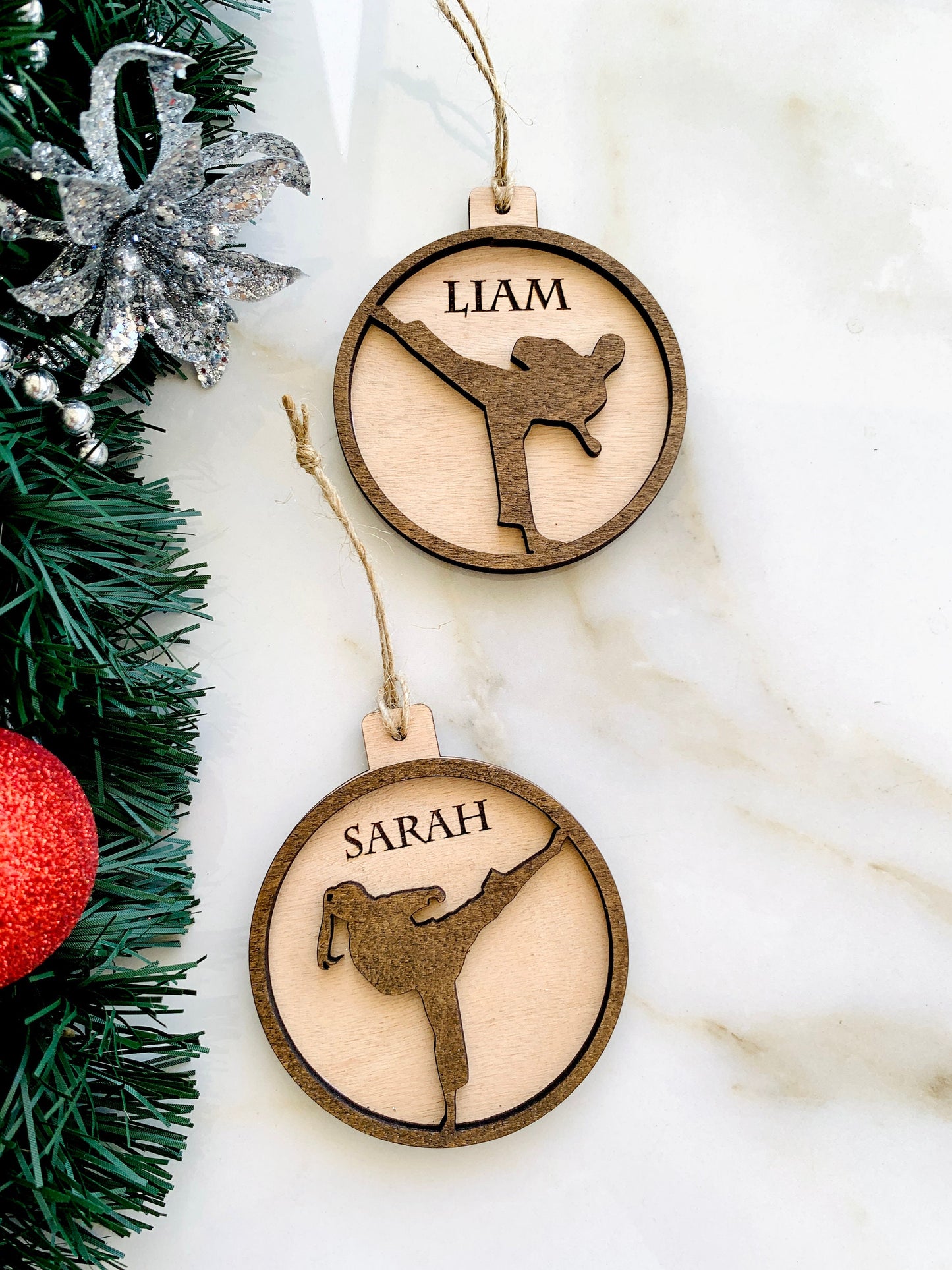 Martial Arts Christmas Ornament Personalized karate Ornament, JiuJitsu Custom Wood Bauble, Xmas Taekwondo Gift, Handmade Hanging Tree Decor