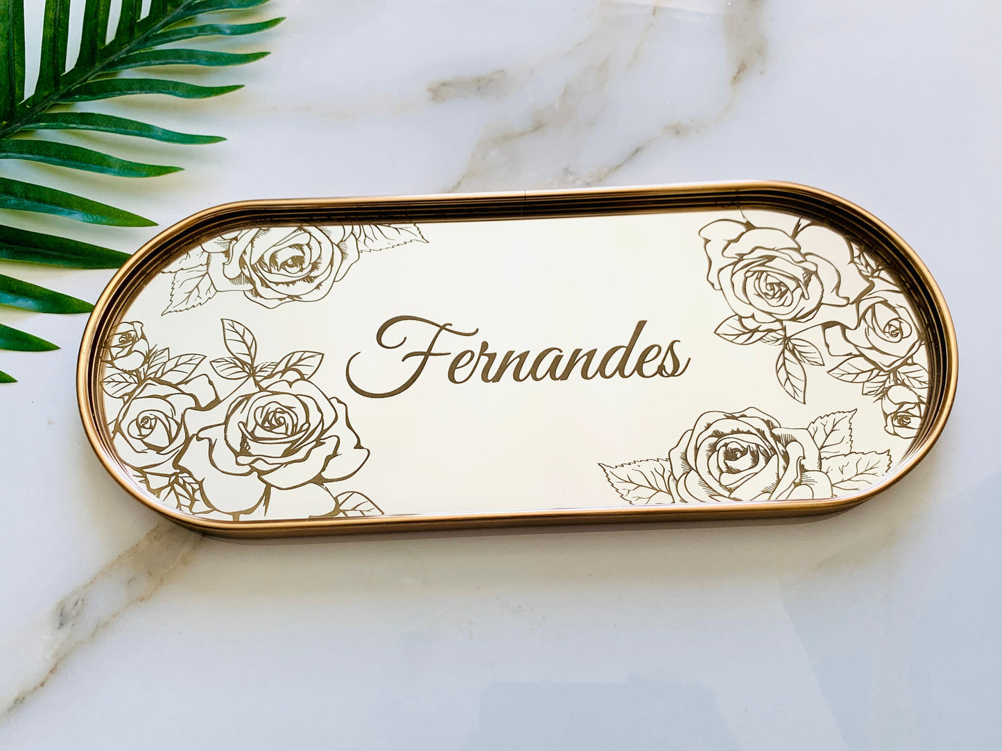 Personalized Jewelry Tray Engraved Oval Mirror Vanity Tray Magnolias Design - Golden Frame - Luxurious Organizer for Candles and Cosmetics