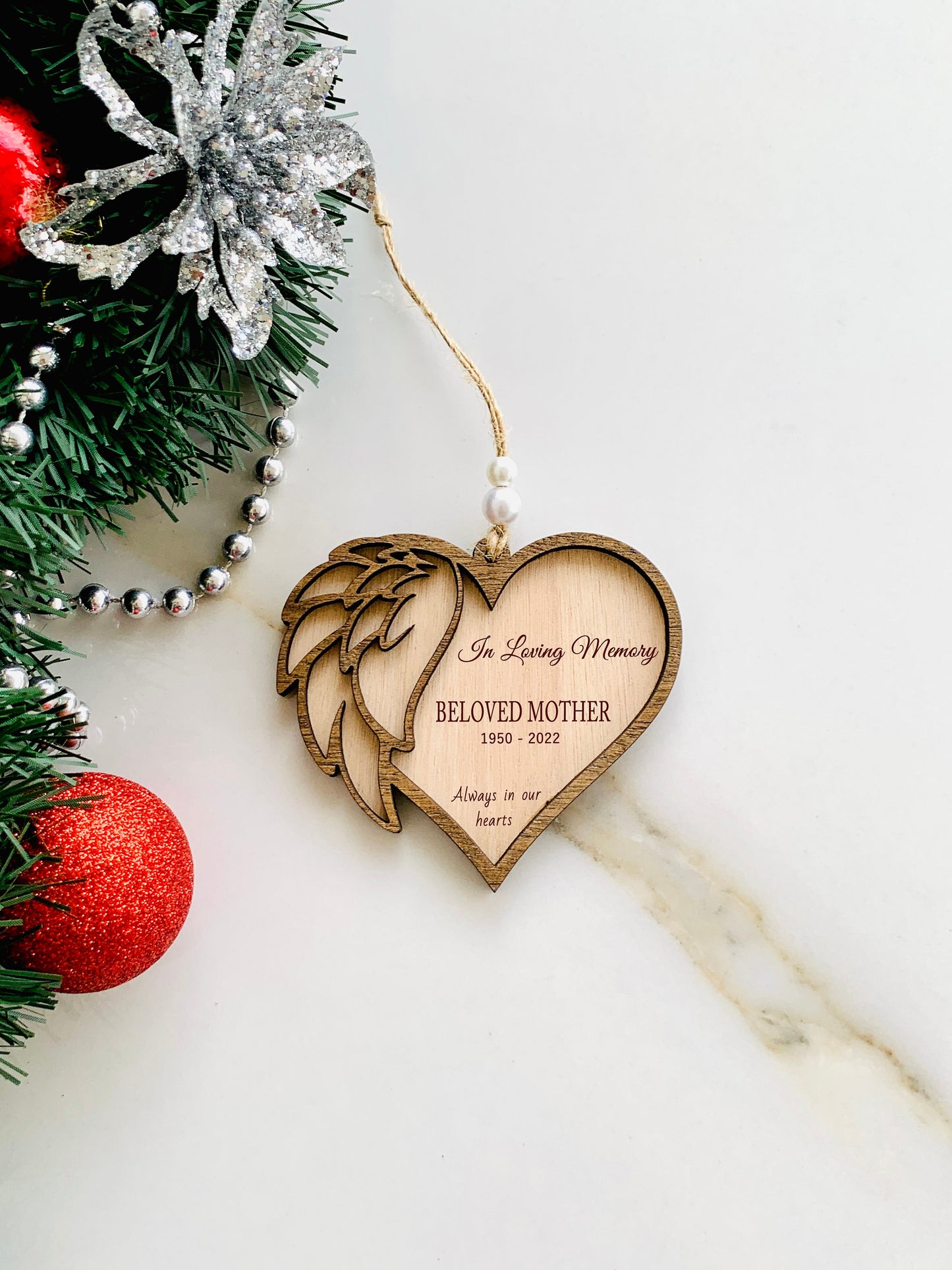 In Loving Memory Christmas Ornament Personalized Memorial Ornament, Angel Wings Wooden Heart, Name Ornament for loved ones and pets