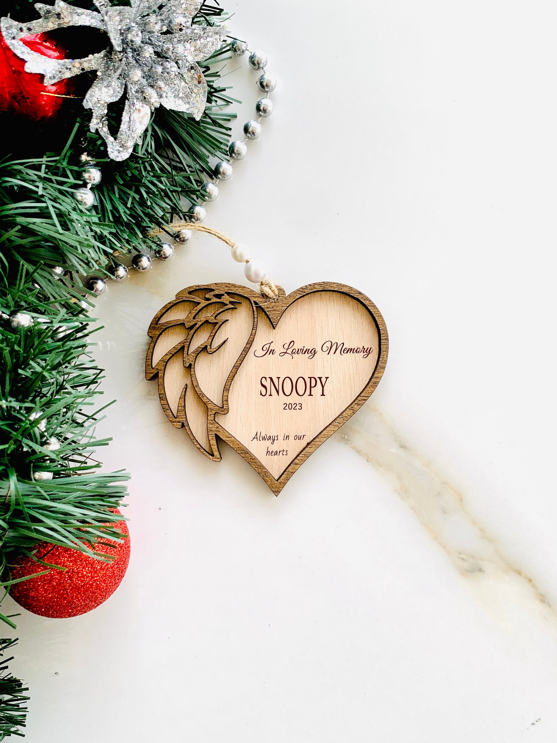 In Loving Memory Christmas Ornament Personalized Memorial Ornament, Angel Wings Wooden Heart, Name Ornament for loved ones and pets