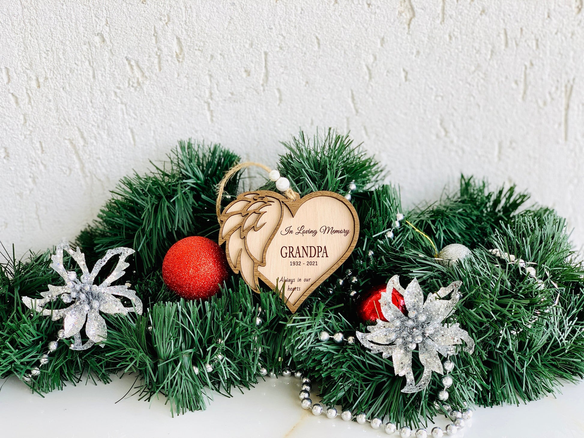 In Loving Memory Christmas Ornament Personalized Memorial Ornament, Angel Wings Wooden Heart, Name Ornament for loved ones and pets