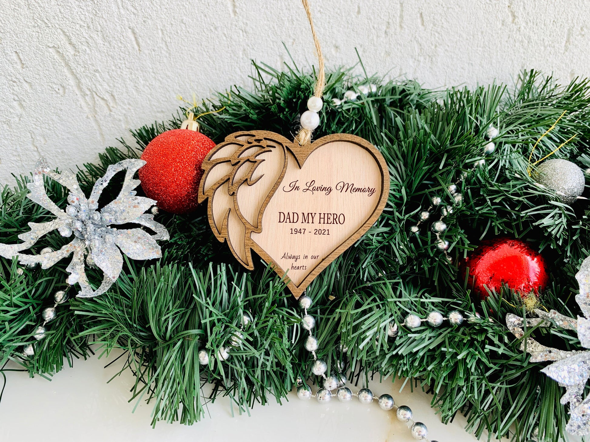 In Loving Memory Christmas Ornament Personalized Memorial Ornament, Angel Wings Wooden Heart, Name Ornament for loved ones and pets