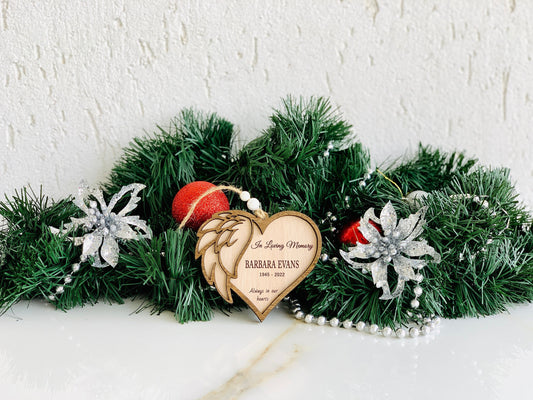 In Loving Memory Christmas Ornament Personalized Memorial Ornament, Angel Wings Wooden Heart, Name Ornament for loved ones and pets