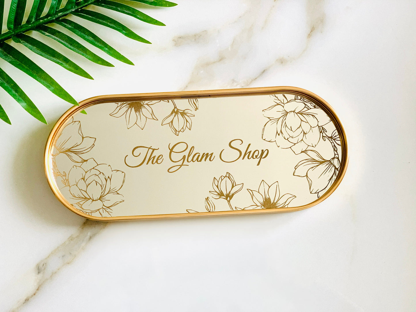 Personalized Jewelry Tray Engraved Oval Mirror Vanity Tray Magnolias Design - Golden Frame - Luxurious Organizer for Candles and Cosmetics