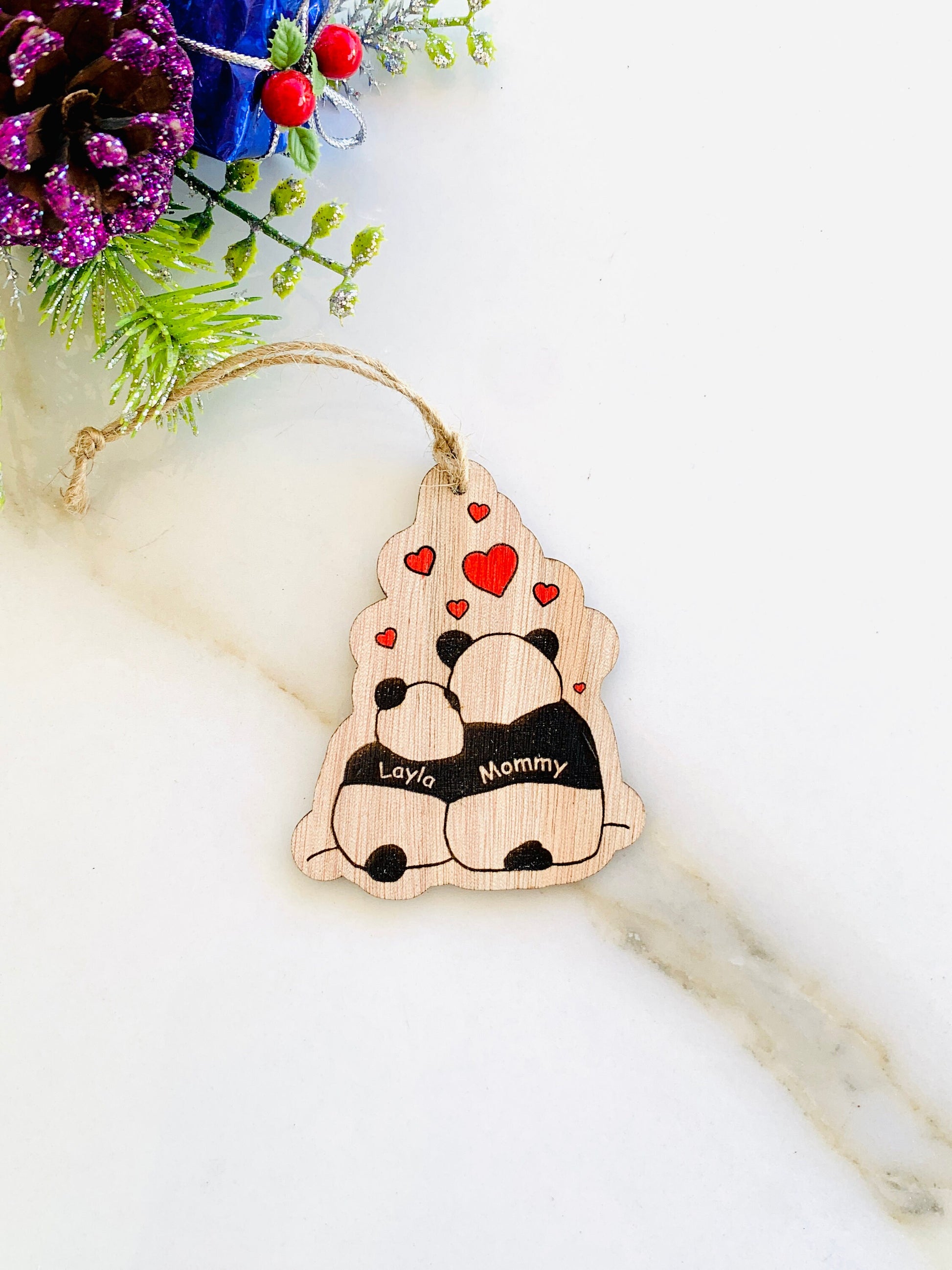 Panda Bear Couple Ornament Personalized, Panda Tags, Couple Names Ornament Our First Christmas Panda Ornament, Custom Engraved Wood Ornament