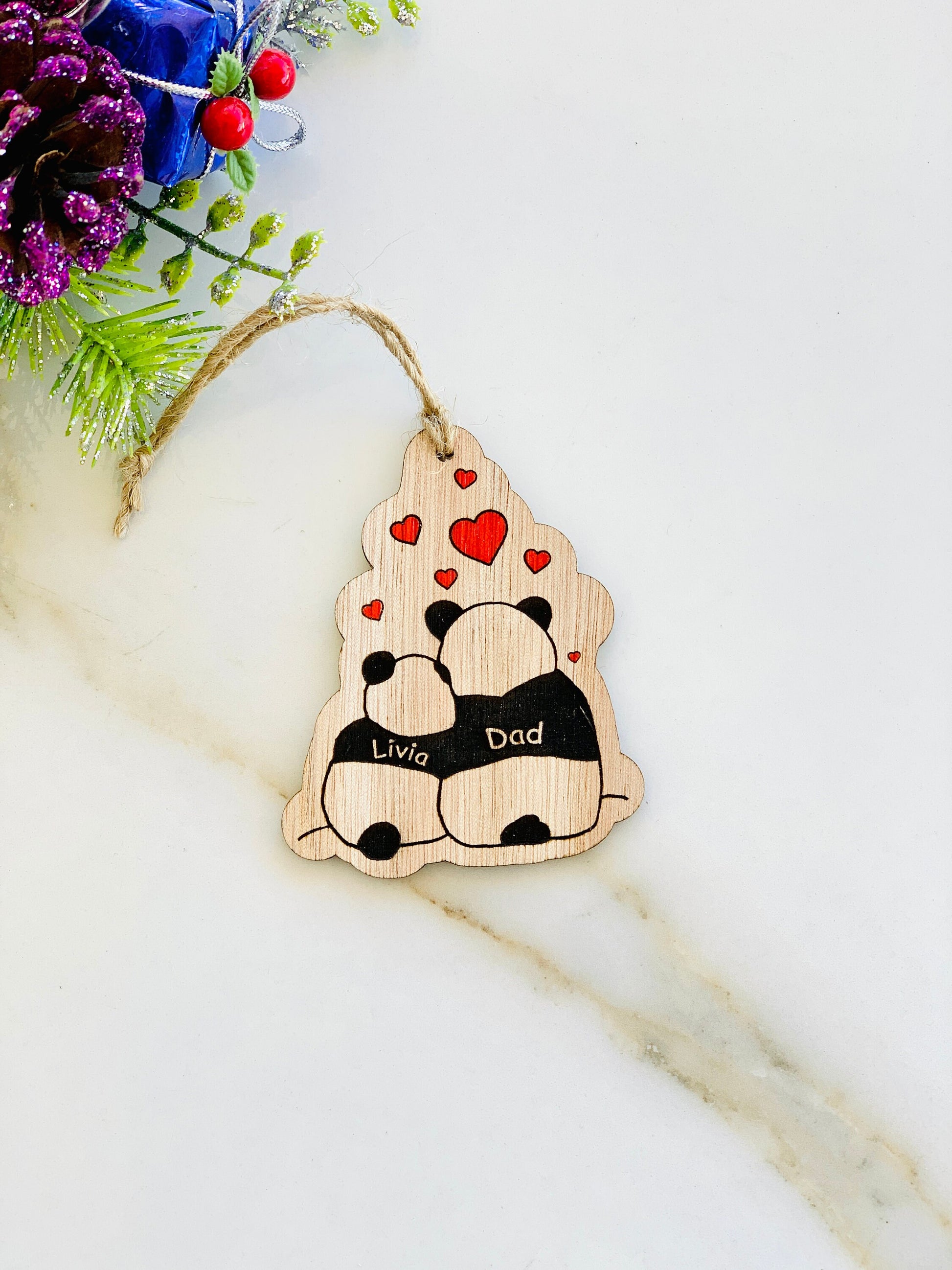 Panda Bear Couple Ornament Personalized, Panda Tags, Couple Names Ornament Our First Christmas Panda Ornament, Custom Engraved Wood Ornament