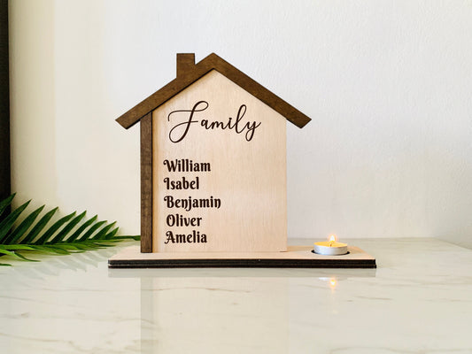 Little Wood House with Family Names - Personalized Family Home with Tealight Holder - Custom Gift Topping-Out - Unique Home Decor and Candle Holder