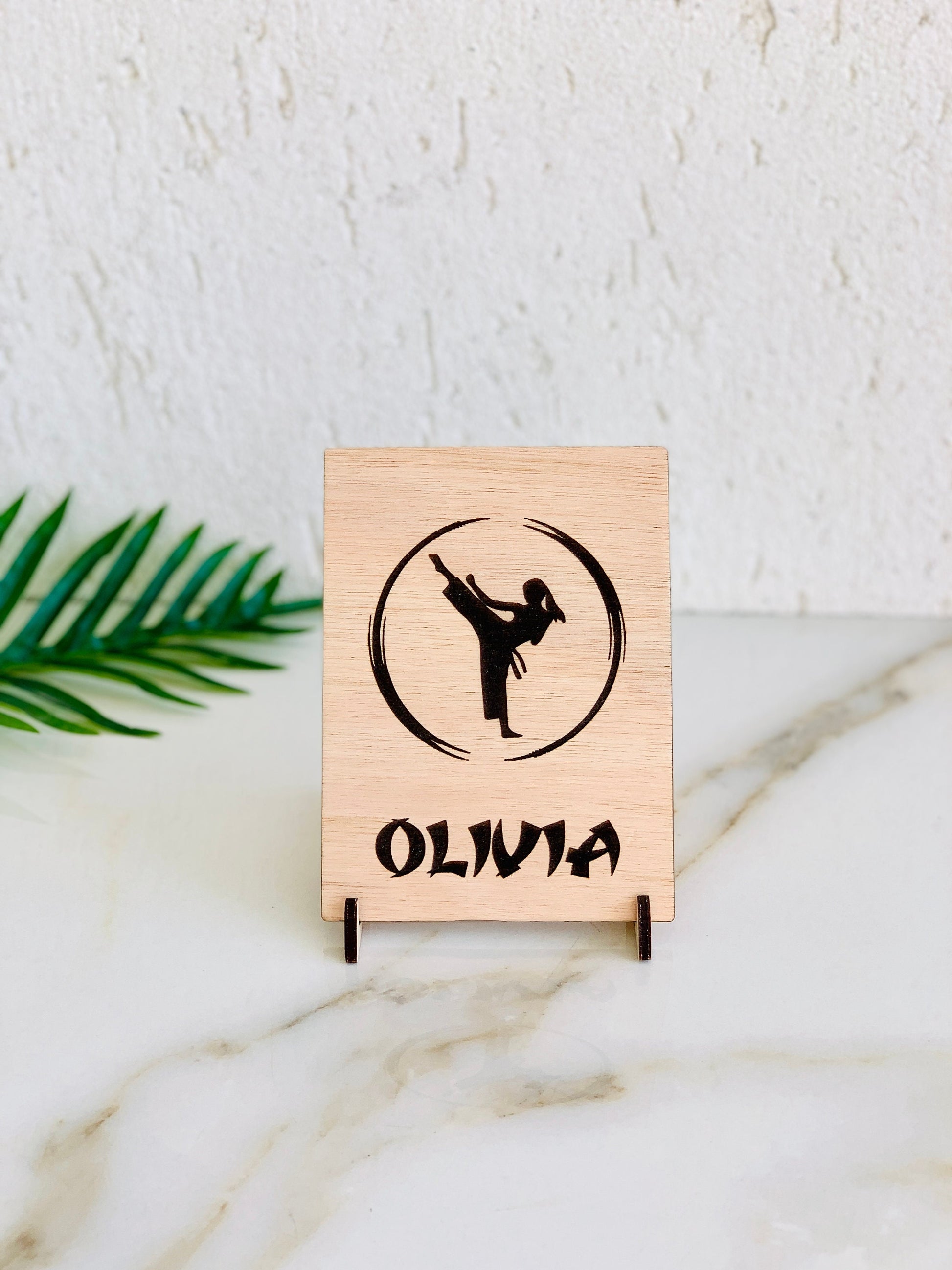 Personalized Martial Arts Wooden Birthday Card | Custom Name Karate, Taekwondo, Jiu-Jitsu Greeting Card | Engraved Message, With Table Stand