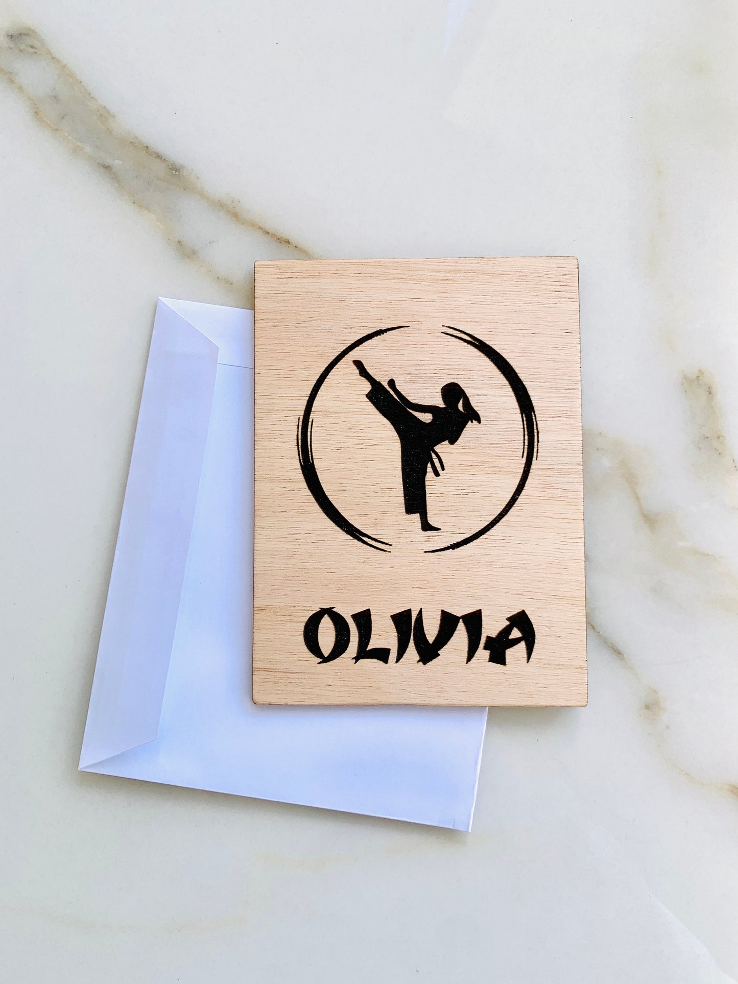 Personalized Martial Arts Wooden Birthday Card | Custom Name Karate, Taekwondo, Jiu-Jitsu Greeting Card | Engraved Message, With Table Stand