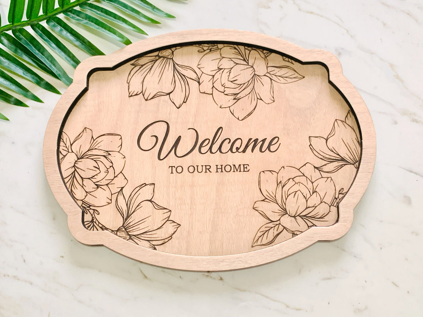 Custom Engraved Wooden Serving Tray Engraved with Magnolias - Personalized Welcome to Our Home Decor, Wooden Trinket Tray, Valet Vanity Tray