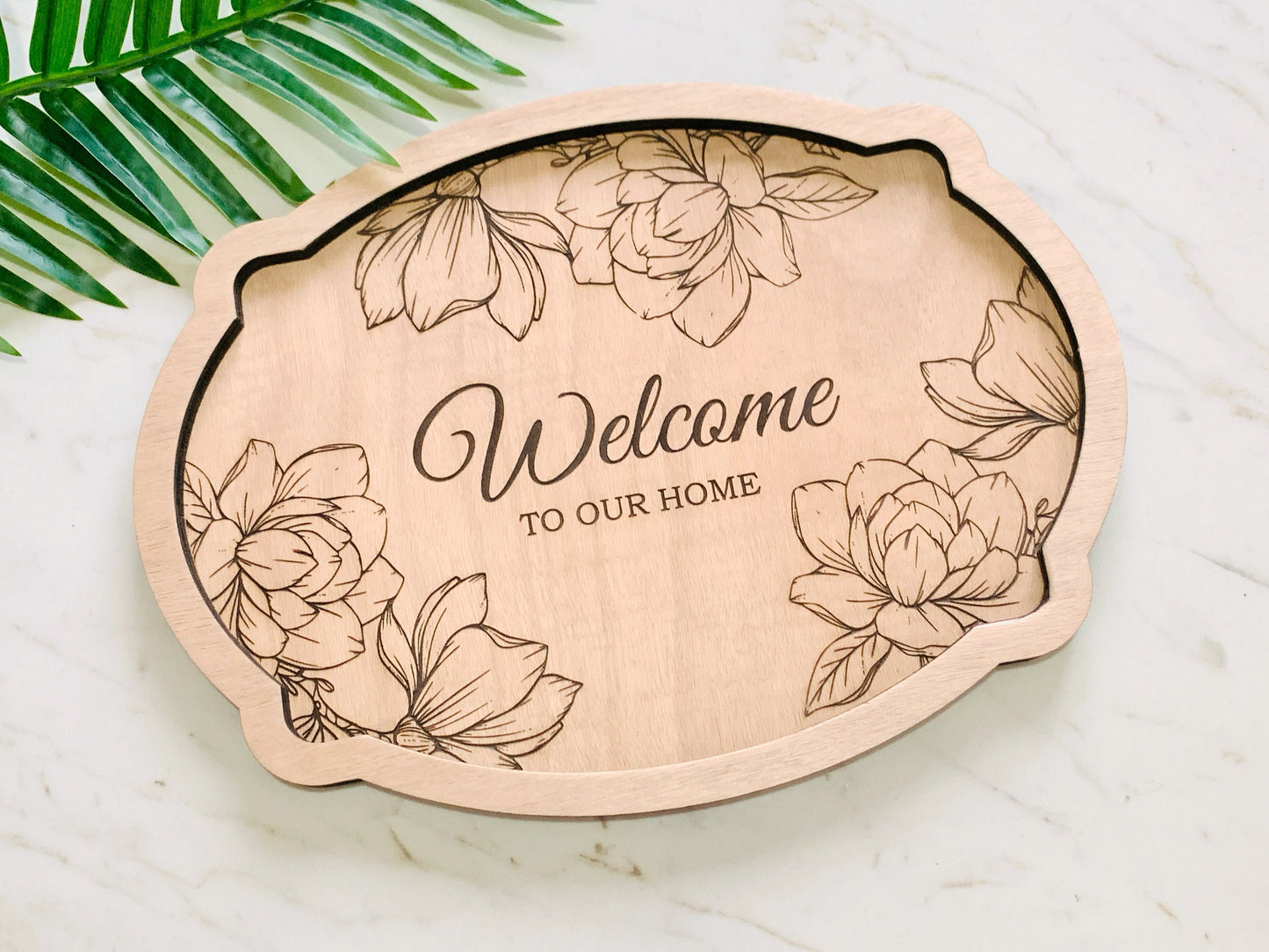 Custom Engraved Wooden Serving Tray Engraved with Magnolias - Personalized Welcome to Our Home Decor, Wooden Trinket Tray, Valet Vanity Tray