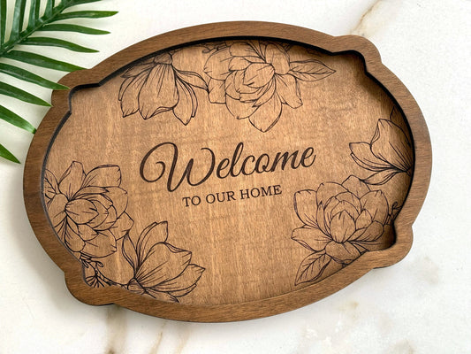 Custom Engraved Wooden Serving Tray Engraved with Magnolias - Personalized Welcome to Our Home Decor, Wooden Trinket Tray, Valet Vanity Tray