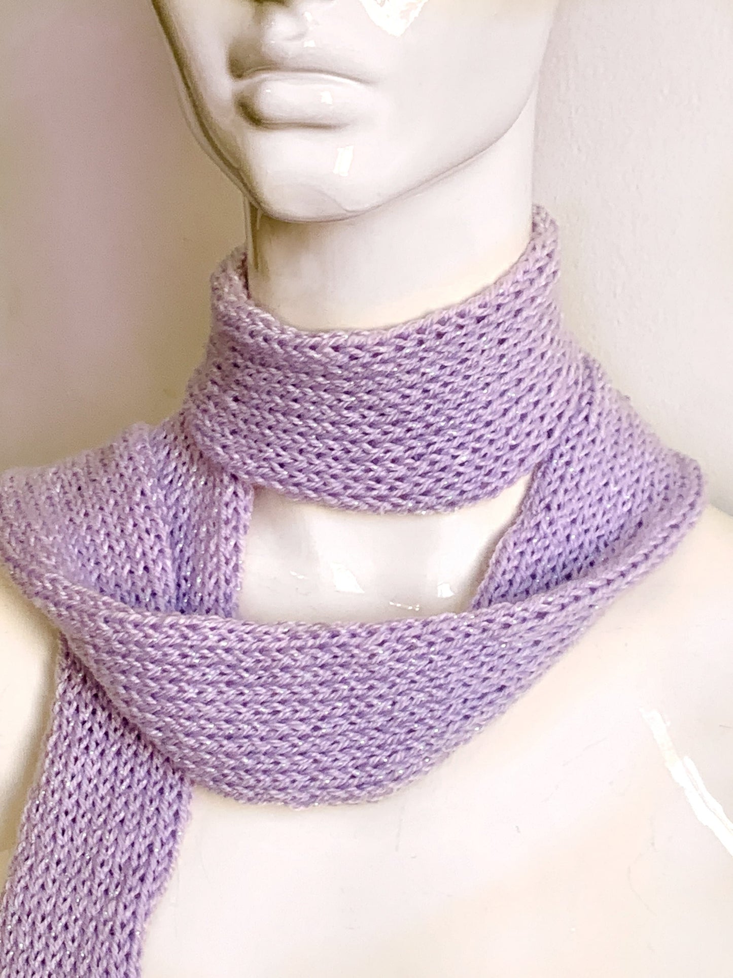 Skinny Scarf Sparkling Lilac Knit Skinny Scarf, Handmade Lavender Long Scarf Tie, Purple Double Sided Thin Scarf, Women Knitted Scarves