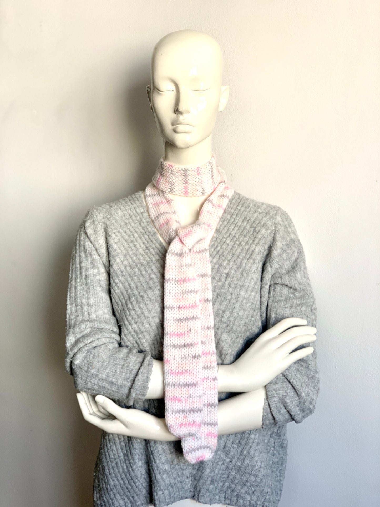 Skinny Scarf White Pink Skinny knit Scarf - White Base with Pink, Grey, Yellow, Orange Accents, Thin Long Scarf for Girls and Women