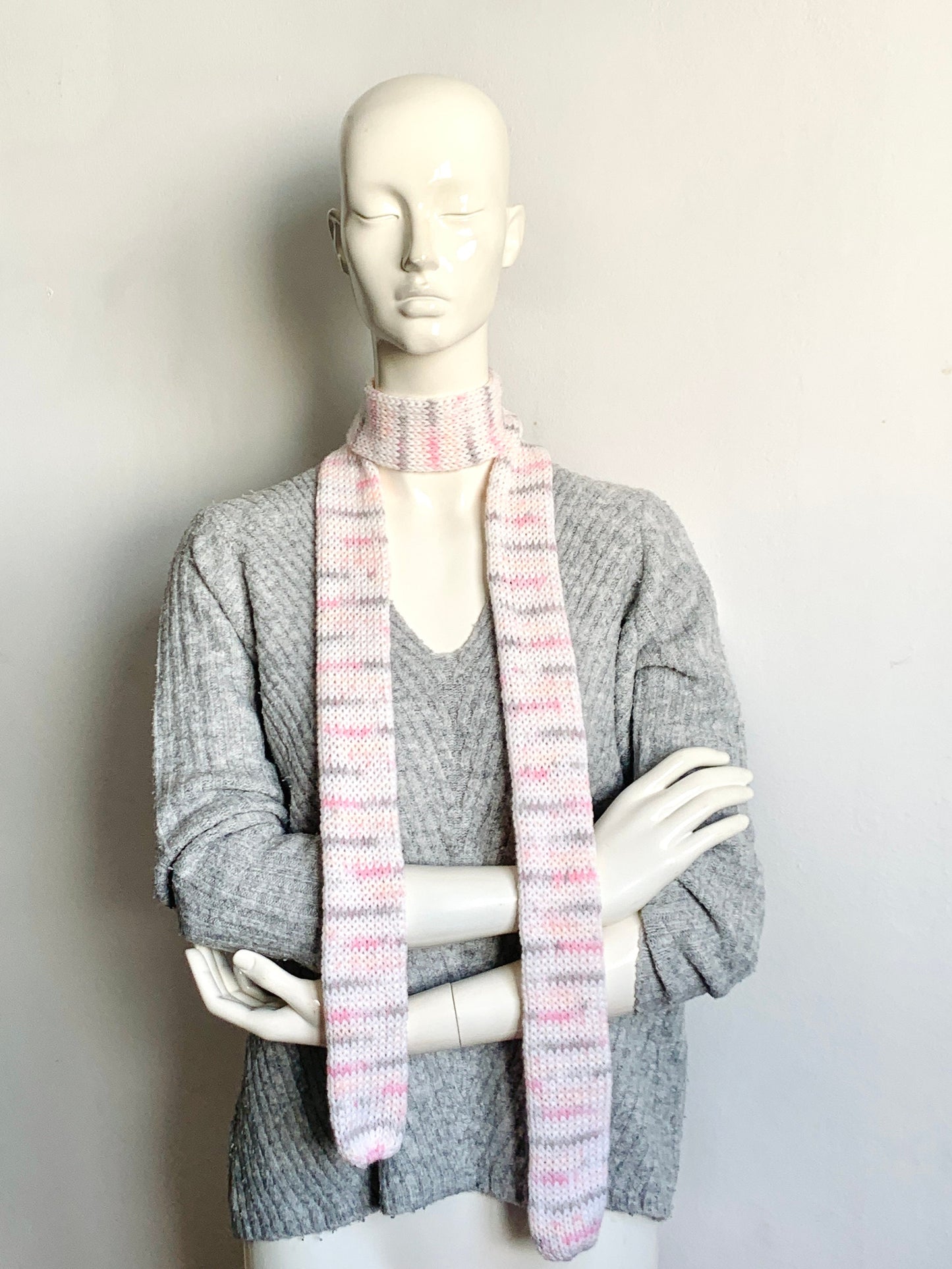 Skinny Scarf White Pink Skinny knit Scarf - White Base with Pink, Grey, Yellow, Orange Accents, Thin Long Scarf for Girls and Women