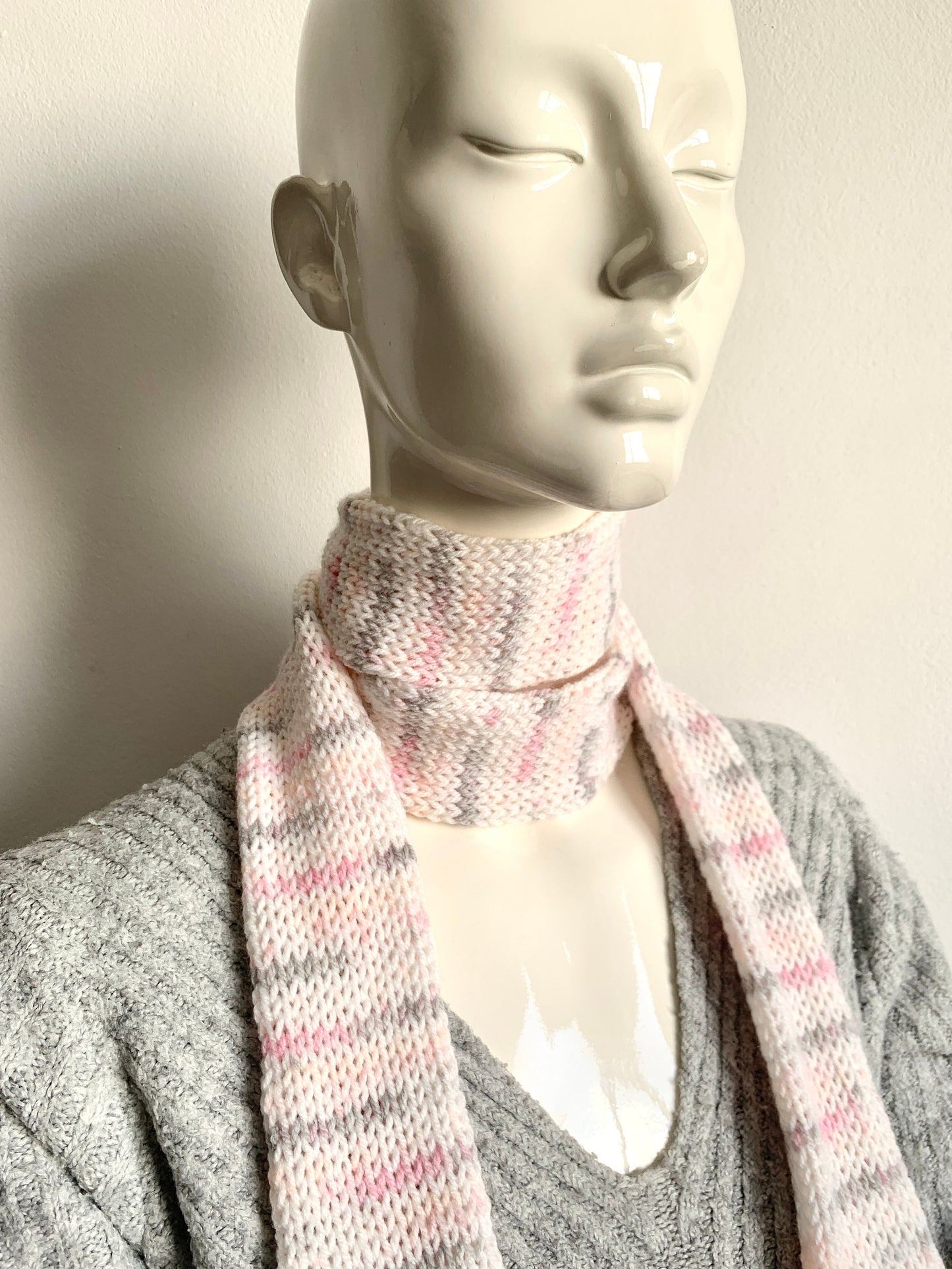 Skinny Scarf White Pink Skinny knit Scarf - White Base with Pink, Grey, Yellow, Orange Accents, Thin Long Scarf for Girls and Women