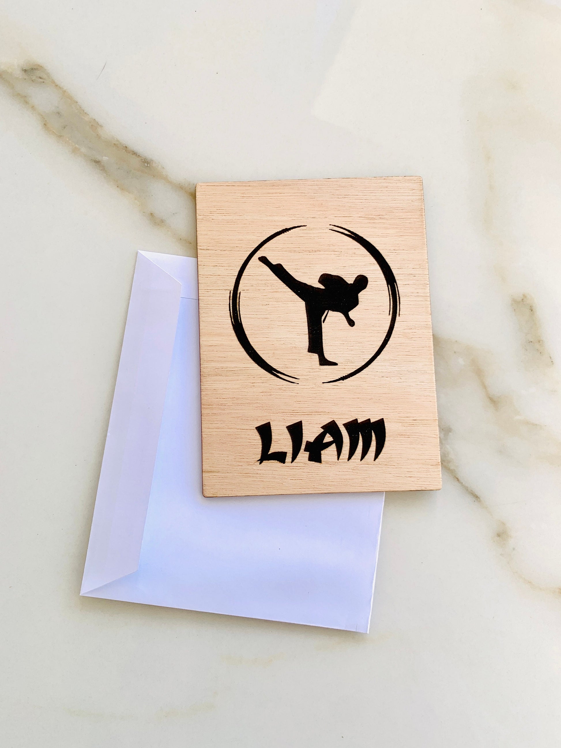 Personalized Martial Arts Wooden Birthday Card | Custom Name Karate, Taekwondo, Jiu-Jitsu Greeting Card | Engraved Message, With Table Stand