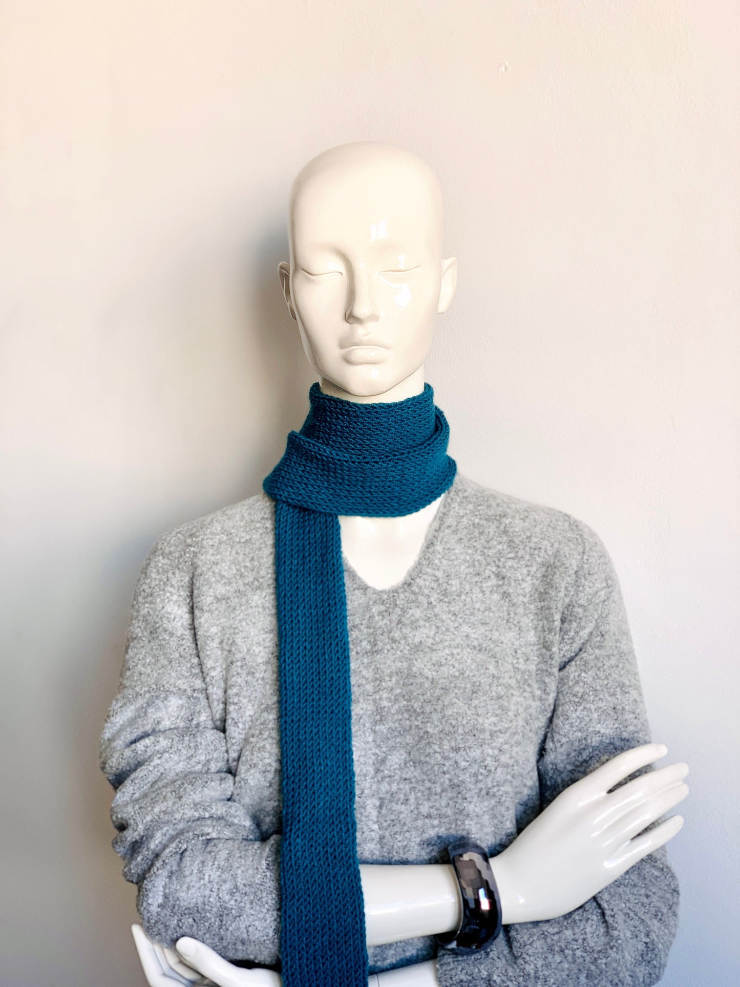 Skinny Scarf Petrol Skinny Knit Scarf, Handmade Blue-Green Long Scarf Tie, Sea Green Thin Scarf, Double Sided Turquoise Knitted Scarves