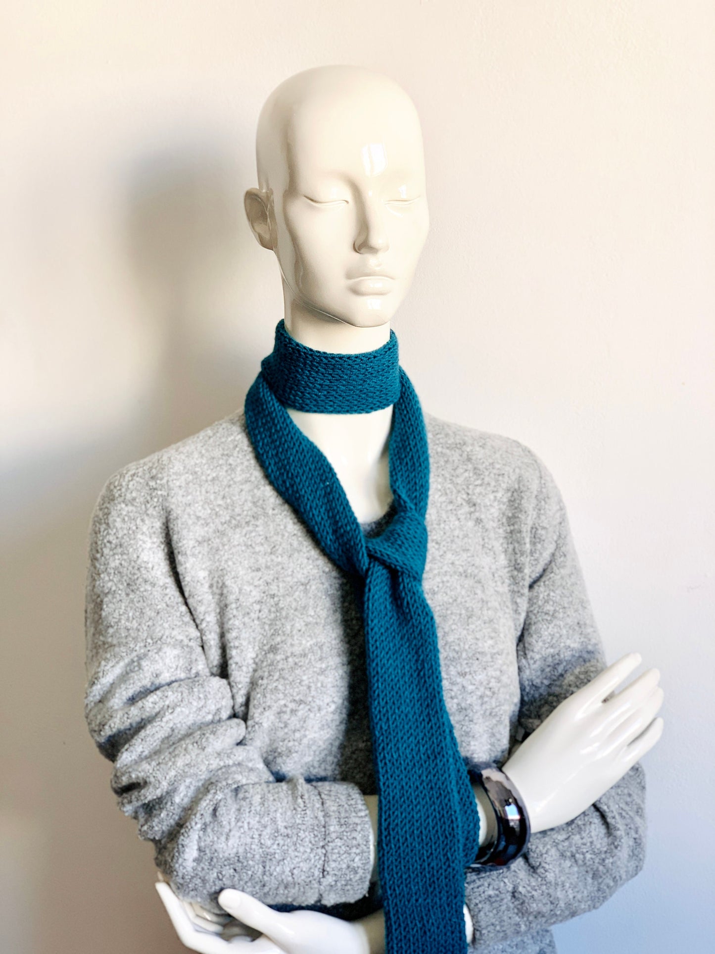 Skinny Scarf Petrol Skinny Knit Scarf, Handmade Blue-Green Long Scarf Tie, Sea Green Thin Scarf, Double Sided Turquoise Knitted Scarves