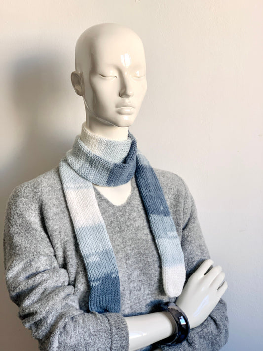 Skinny Scarf White Grey Skinny Knit Scarf, White Blue-Grey Shades Long Scarf Tie, Chic Multicolor Double Thin Scarf, Knitted Woman Scarves