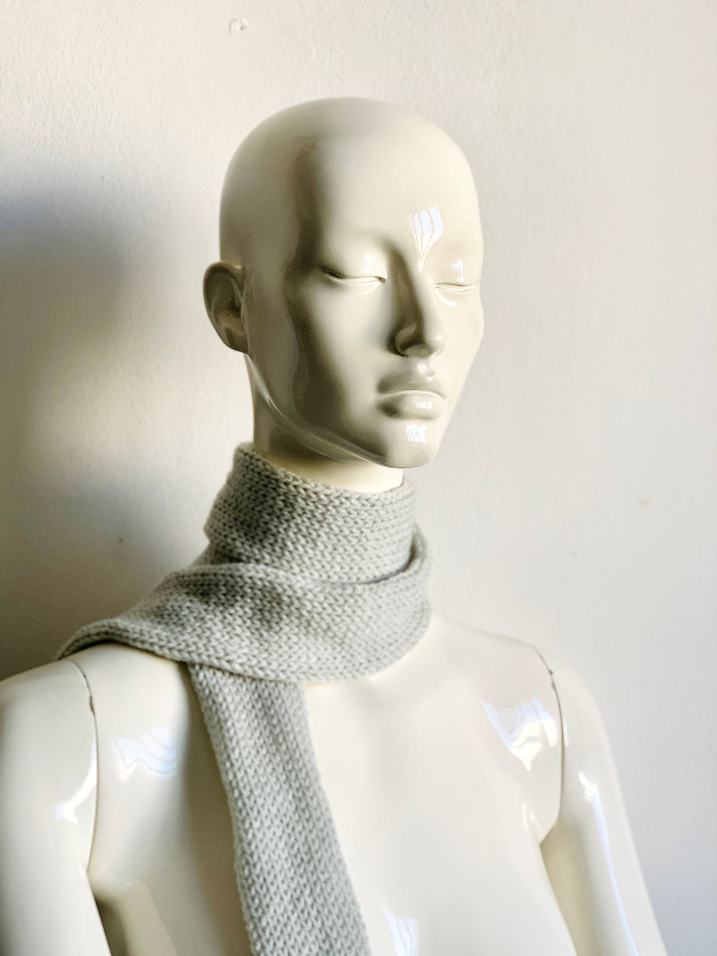 Skinny Scarf, Off White Skinny Knit Scarf, Handmade Light Grey Long Scarf Tie, Cream White Double Sided Thin Scarf, Women Knitted Scarves