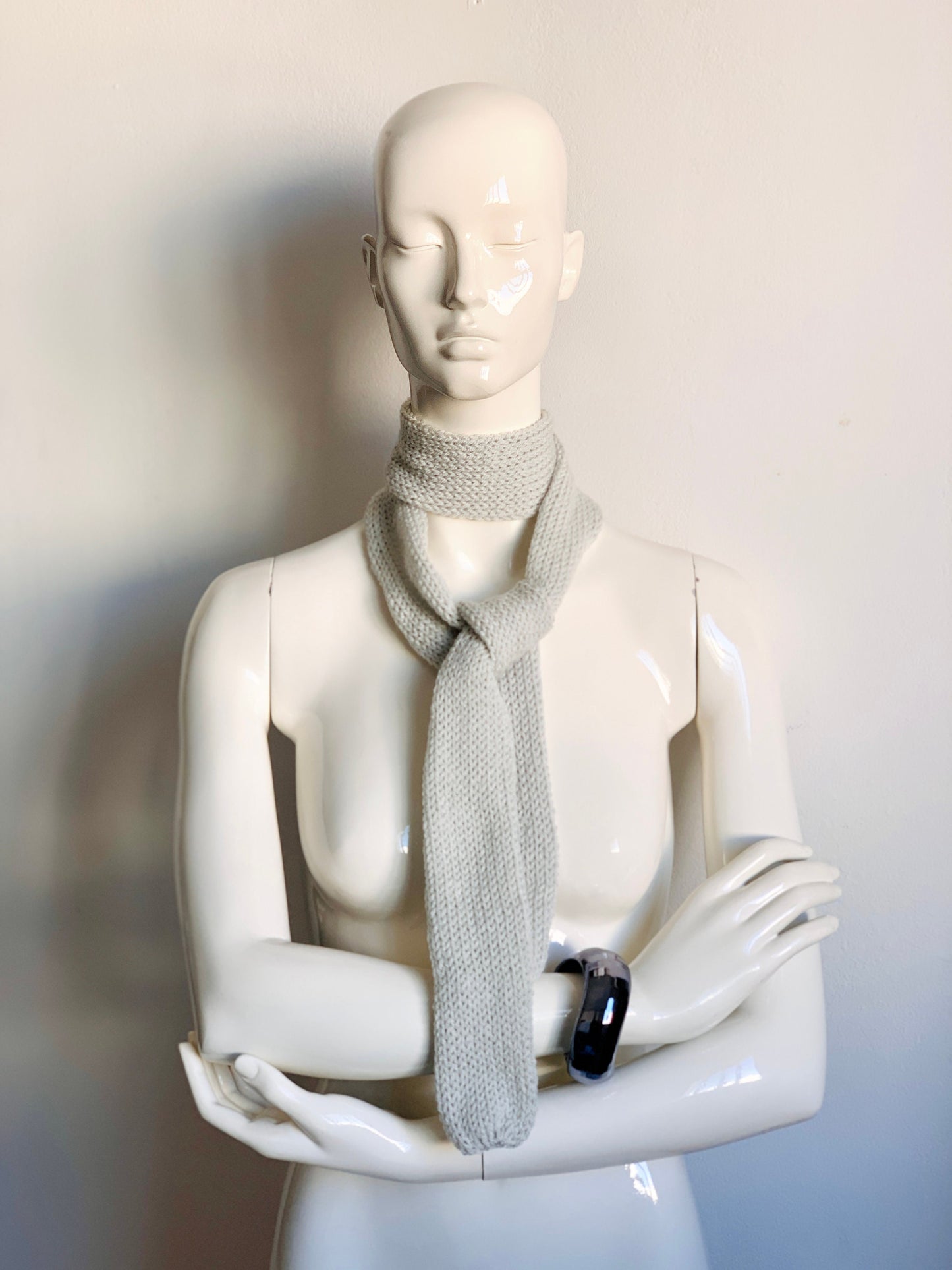 Skinny Scarf, Off White Skinny Knit Scarf, Handmade Light Grey Long Scarf Tie, Cream White Double Sided Thin Scarf, Women Knitted Scarves