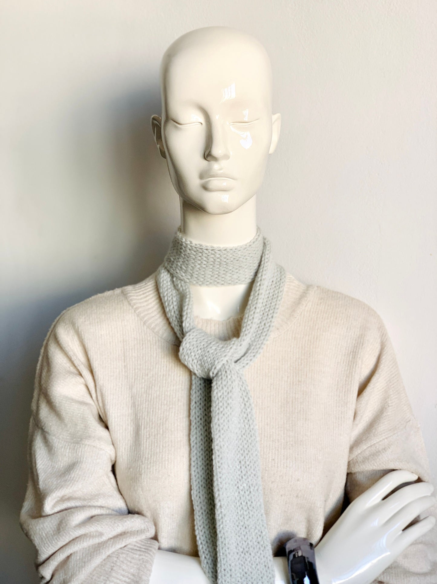 Skinny Scarf, Off White Skinny Knit Scarf, Handmade Light Grey Long Scarf Tie, Cream White Double Sided Thin Scarf, Women Knitted Scarves