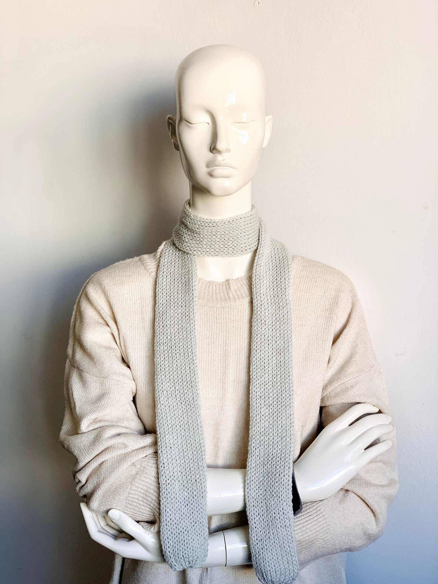 Skinny Scarf, Off White Skinny Knit Scarf, Handmade Light Grey Long Scarf Tie, Cream White Double Sided Thin Scarf, Women Knitted Scarves