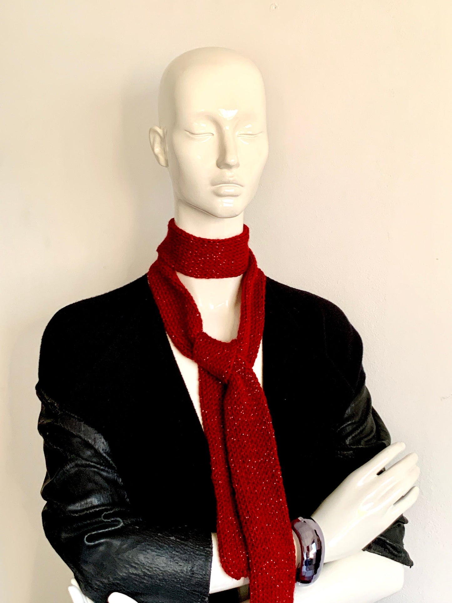 Skinny Scarf, Sparkling Burgundy Skinny Knit Scarf, Handmade Maroon Long Scarf Tie, Bordeaux Wine Red Double Thin Scarf, Glamorous & Elegant