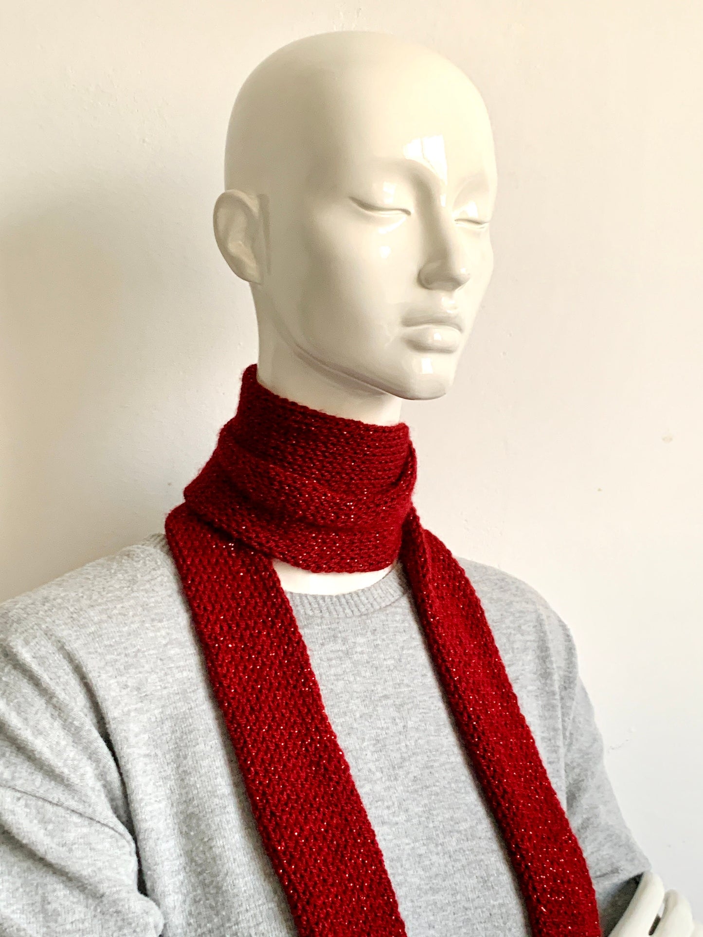 Skinny Scarf, Sparkling Burgundy Skinny Knit Scarf, Handmade Maroon Long Scarf Tie, Bordeaux Wine Red Double Thin Scarf, Glamorous & Elegant