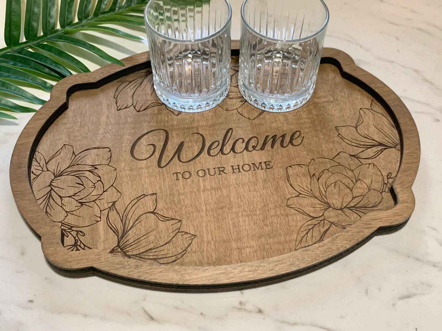 Custom Engraved Wooden Serving Tray Engraved with Magnolias - Personalized Welcome to Our Home Decor, Wooden Trinket Tray, Valet Vanity Tray