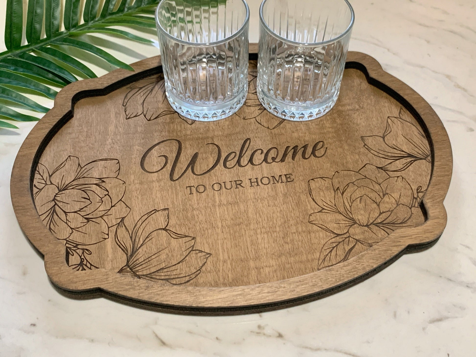 Custom Engraved Wooden Serving Tray Engraved with Magnolias - Personalized Welcome to Our Home Decor, Wooden Trinket Tray, Valet Vanity Tray