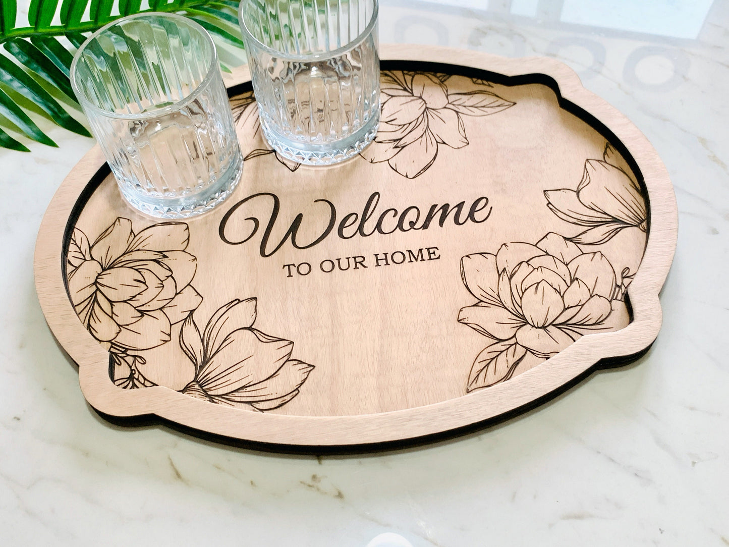 Custom Engraved Wooden Serving Tray Engraved with Magnolias - Personalized Welcome to Our Home Decor, Wooden Trinket Tray, Valet Vanity Tray