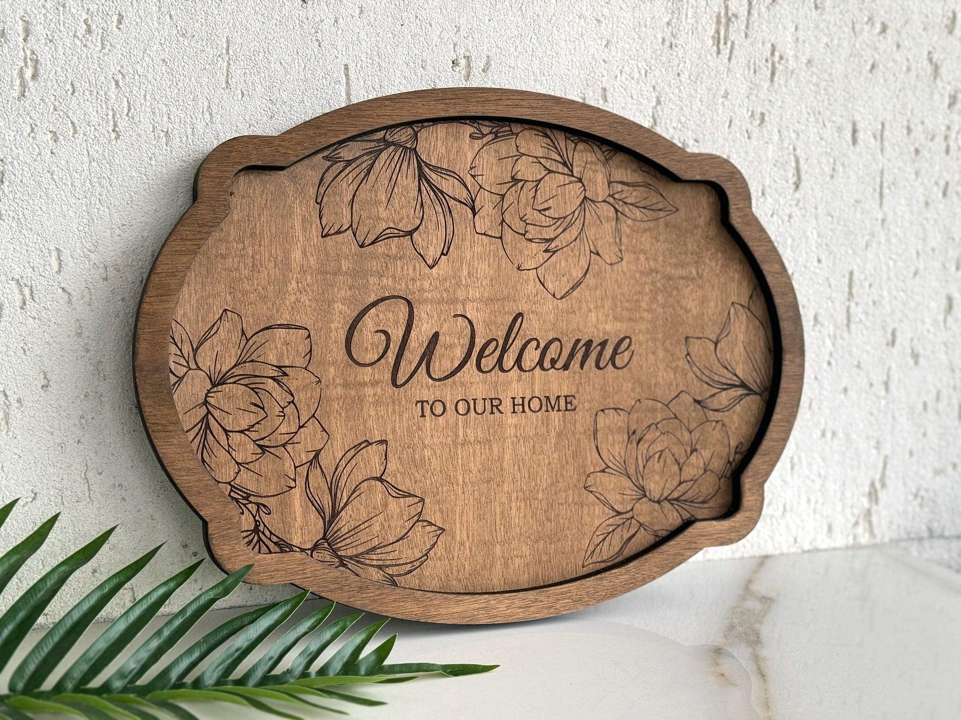 Custom Engraved Wooden Serving Tray Engraved with Magnolias - Personalized Welcome to Our Home Decor, Wooden Trinket Tray, Valet Vanity Tray